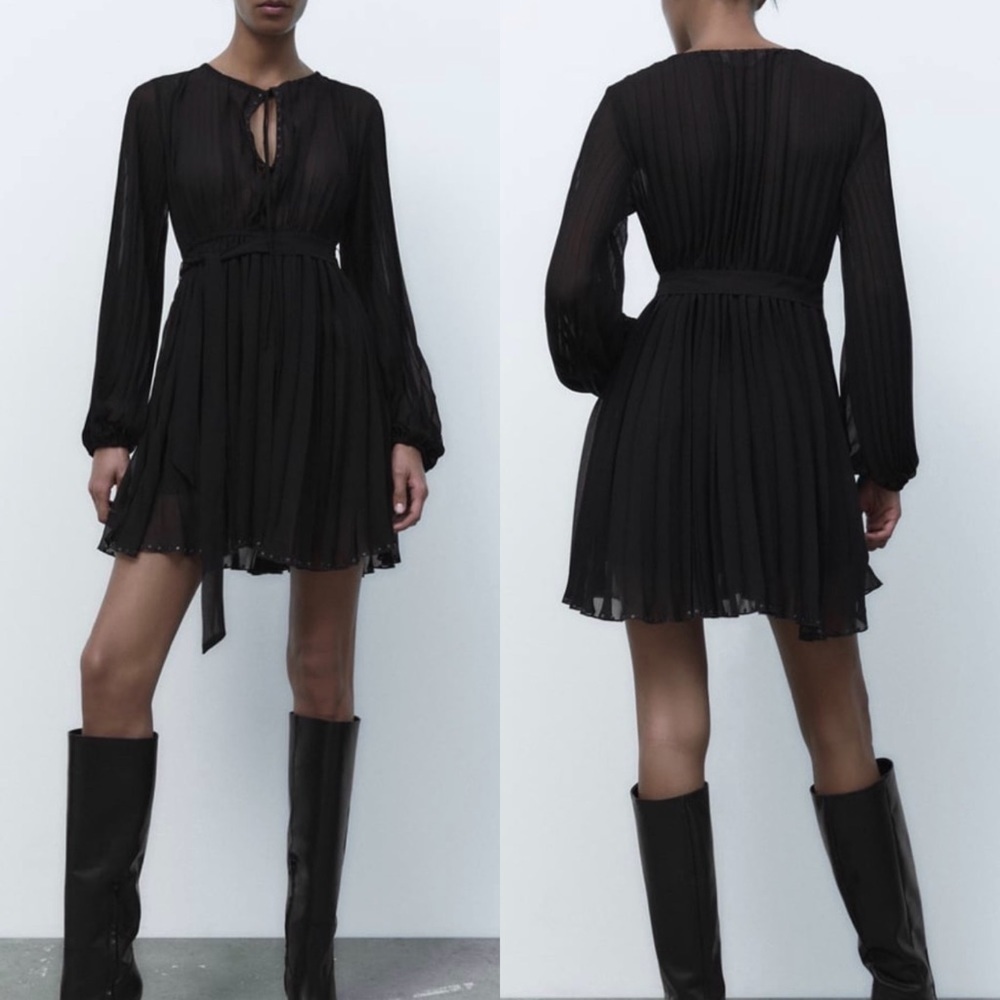ZARA New Women Black Long Sleeve Pleated Short Round Neck Dress With Belt Size M